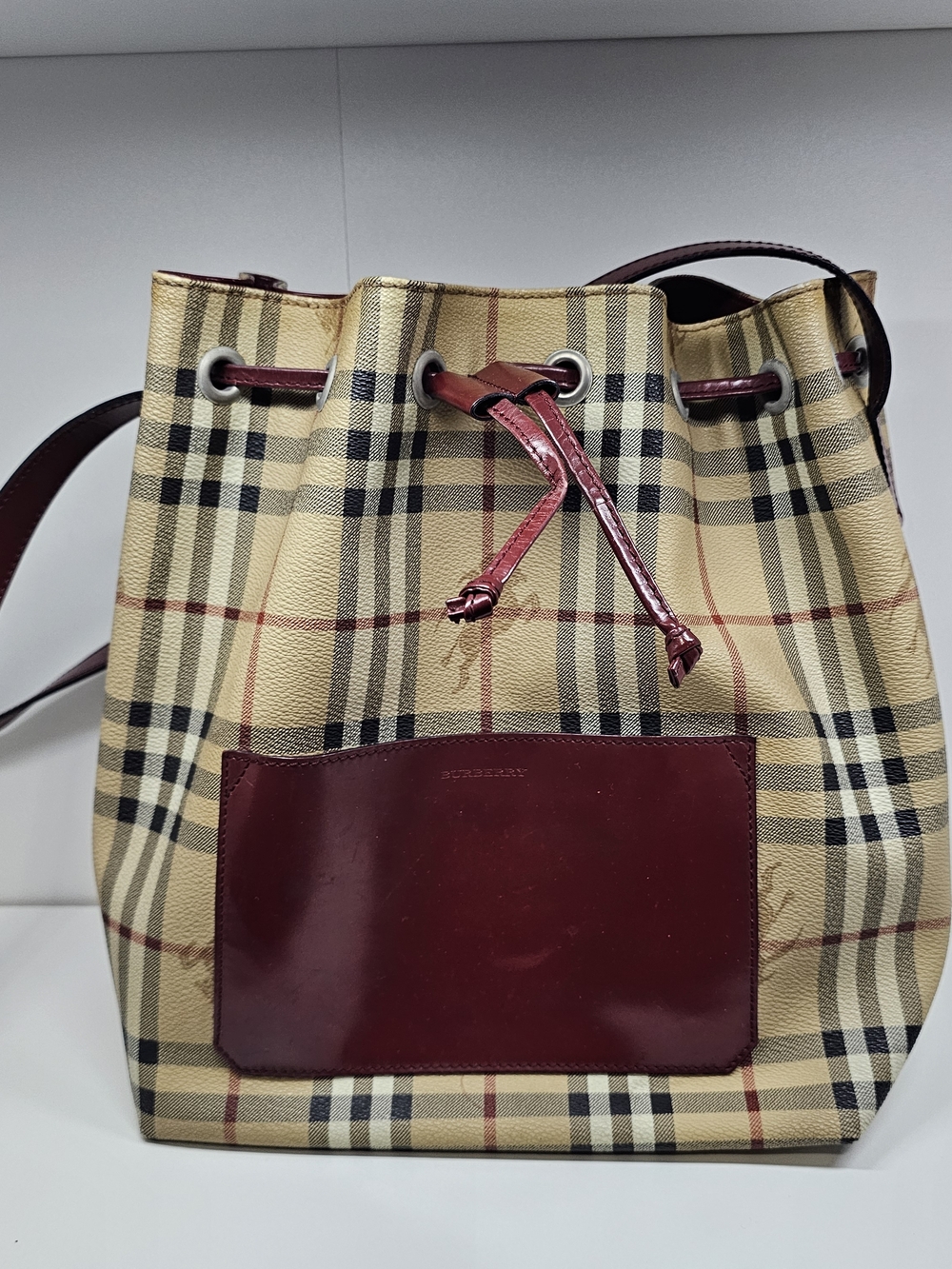 Burberry Vintage Check Drawstring Bucket Bag with Burgundy Leather